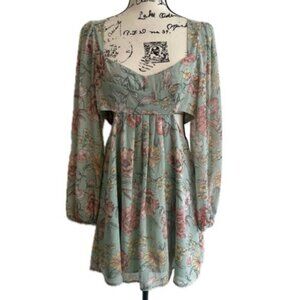 F21 MINI DRESS FLORAL FLUTTERY CHIFFON SLEEVES SZ S PREPPY CHIC COTTAGECORE